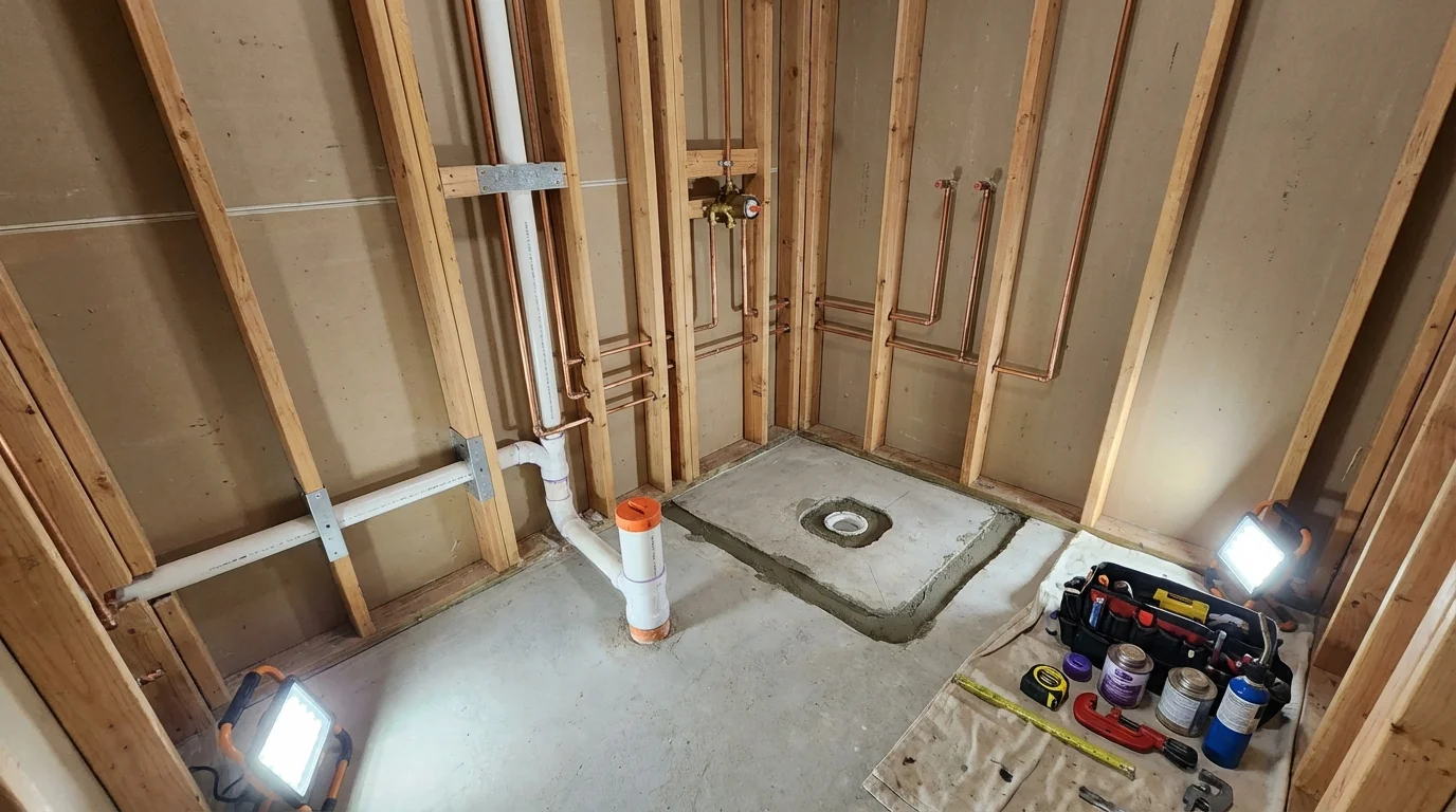 Bathroom rough-in plumbing during remodel by Johns Plumbing LLC in Holly Springs