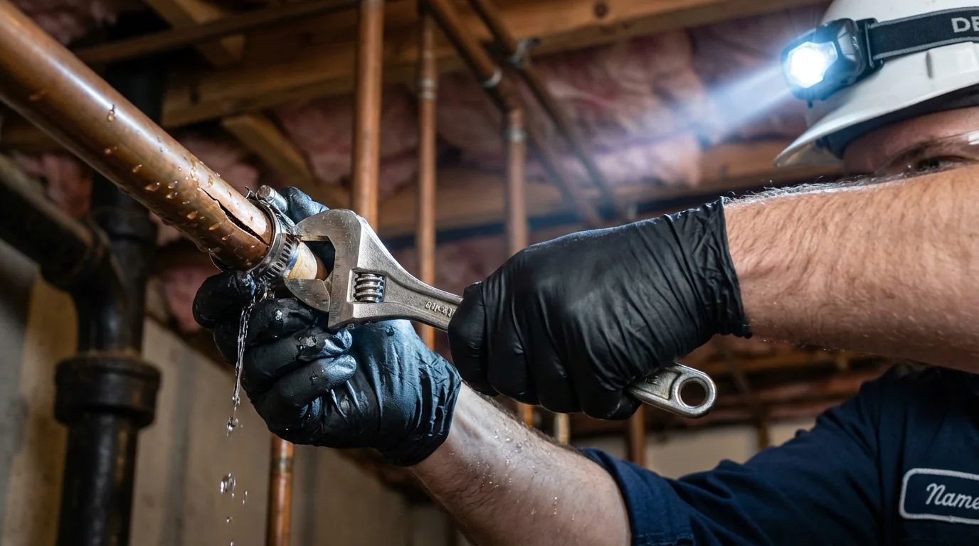 Emergency pipe clamp repair being performed by a Johns Plumbing LLC plumber in Holly Springs