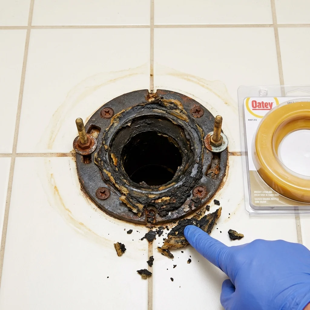 Failed wax ring showing water seepage at the base of a toilet in a Holly Springs, NC home
