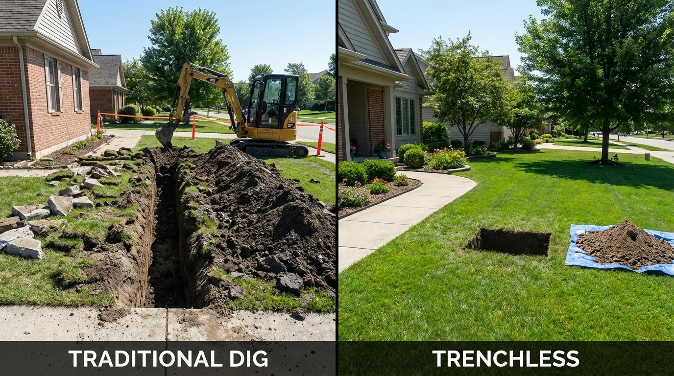 Trenchless sewer repair with minimal yard damage versus traditional excavation in Holly Springs, NC