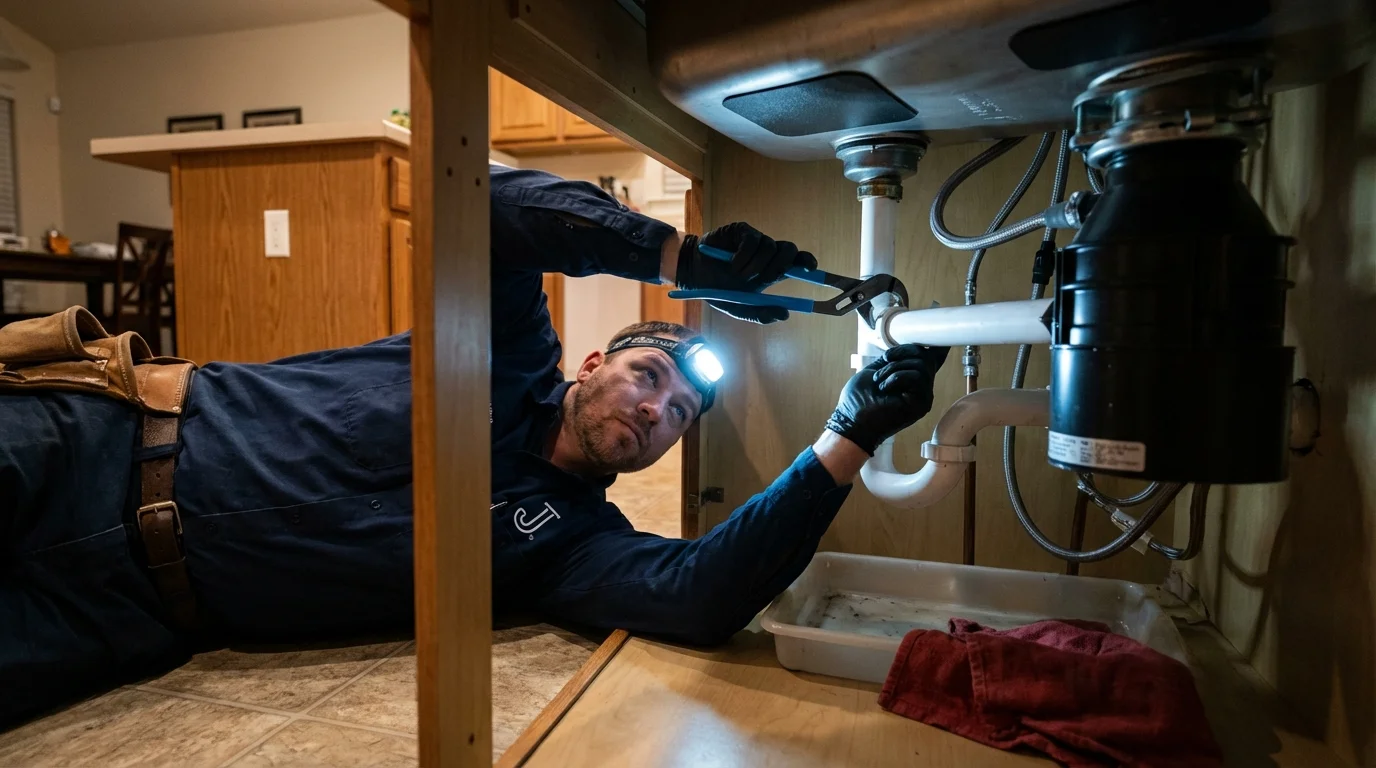 P-trap and supply line connections under a kitchen sink showing a common leak point in Holly Springs, NC